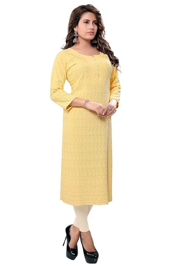 2. Cotton Yellow Chikankari Kurti Design