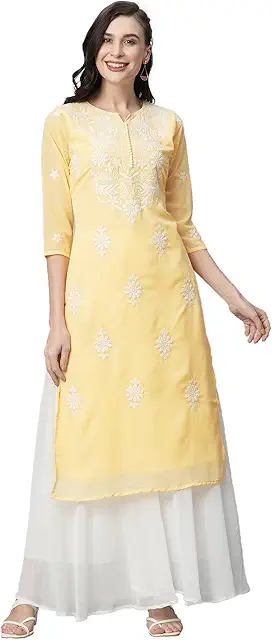 4. Floral Yellow Chikankari Kurti Design