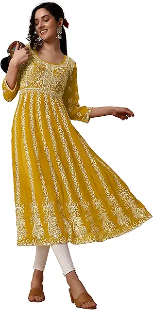 Round Neck Yellow Chikankari Kurti Design