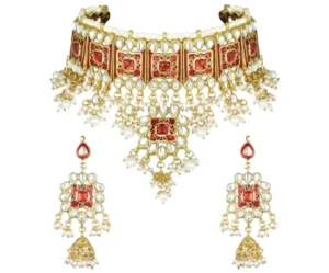 Bridal Choker Necklace Set, Gold-Plated Meenakari, Peora