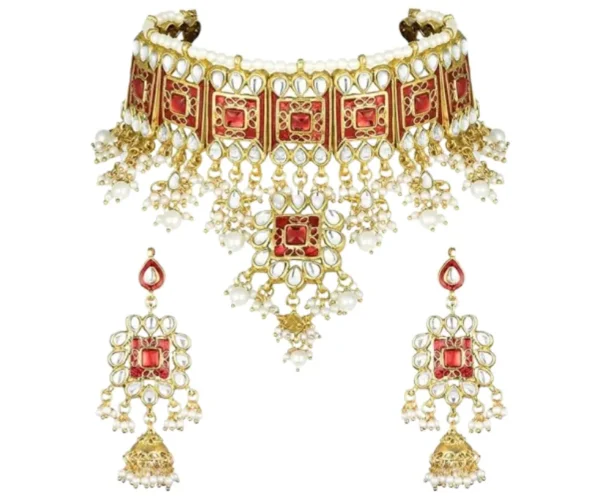 Bridal Choker Necklace Set, Gold-Plated Meenakari, Peora