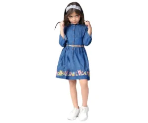 Girls’ Denim Fit & Flare Dress with Belt, Naughty Ninos