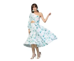 One Shoulder Floral Printed Crepe Midi Dress