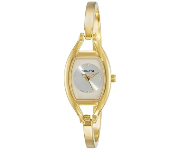 Sonata Women’s Silver Dial Watch, Gold Metal Strap