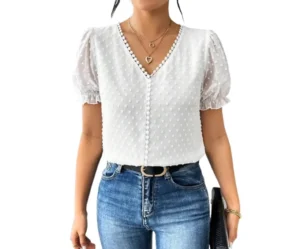 V-Neck Puff Sleeve Jacquard Blouse, Shasmi