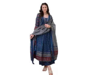 Women's Blue Anarkali Kurta Set with Dupatta, KLOSIA