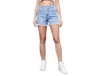 Women's Blue High Distress Mid Rise Denim Shorts, Miss Chase