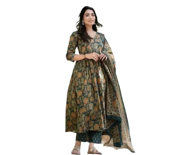 Women's Green Floral Anarkali Kurta Set, KLOSIA
